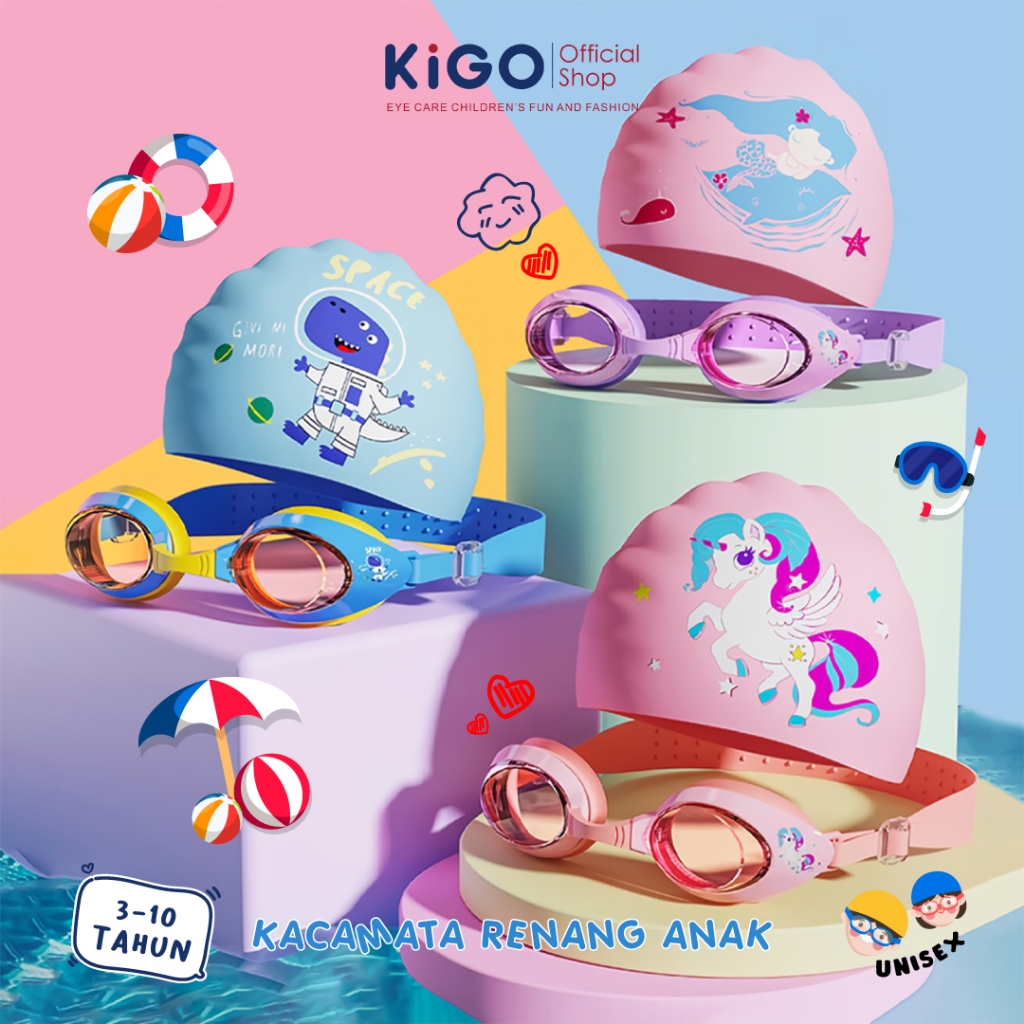KIGO Kacamata Renang Anak Anti Fog UV Swimming Kacamata Renang Character Perempuan Laki-laki Anti Fo