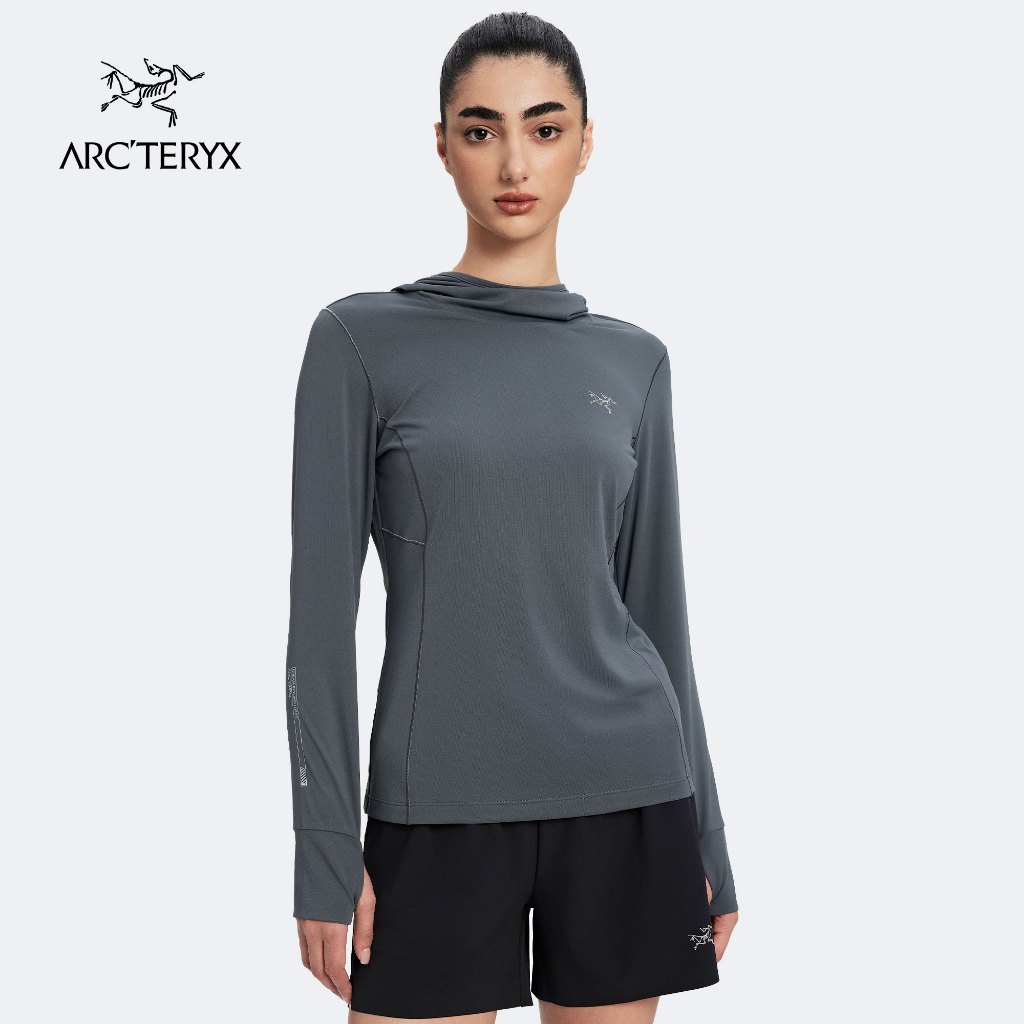 ARC'TERYX Kaos Lengan Panjang Wanita Hoodie Abu-abu Bahan Nyaman Thumbhole Outdoor Aktivitas Komutin