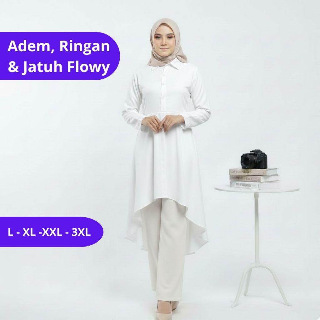 Tunik Putih Wanita Muslimah Premium – Adem Ringan Jatuh Flowy | Atasan Panjang Modis L–3XL