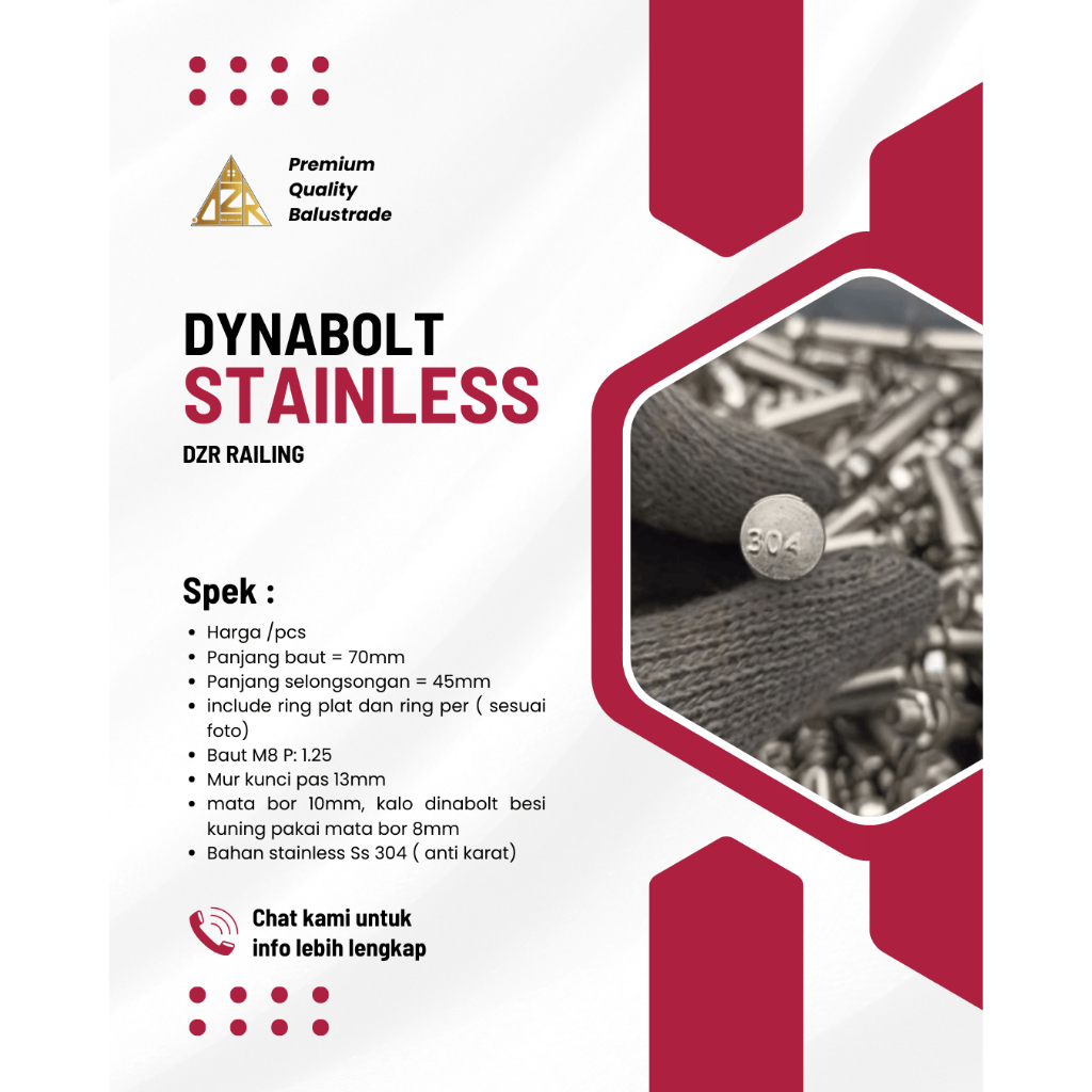 Baut dinabol dinabolt stainless m8x70 mata bor 10 / Dynabolt Stainless m8x70 304