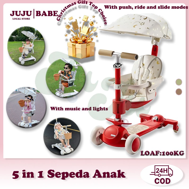 Skuter Anak 8in1, Usia 1-3-6-12 tahun, Skuter Lipat Satu Tombol, Kereta Dorong Bayi Multifungsi Deng