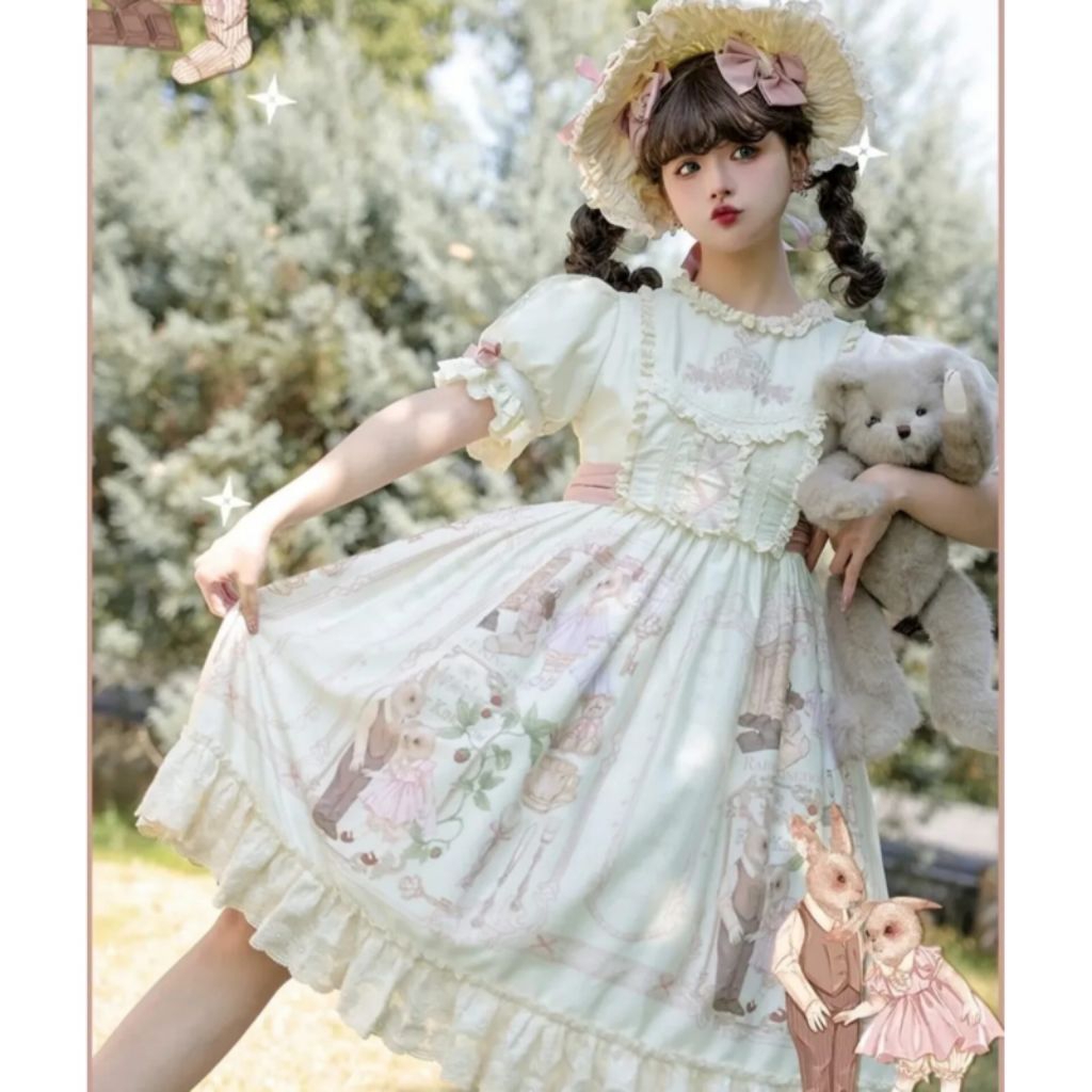Ready Stock PRELOVED lolita dress Rabbit Pink Cream OP one piece Cute kelinci love
