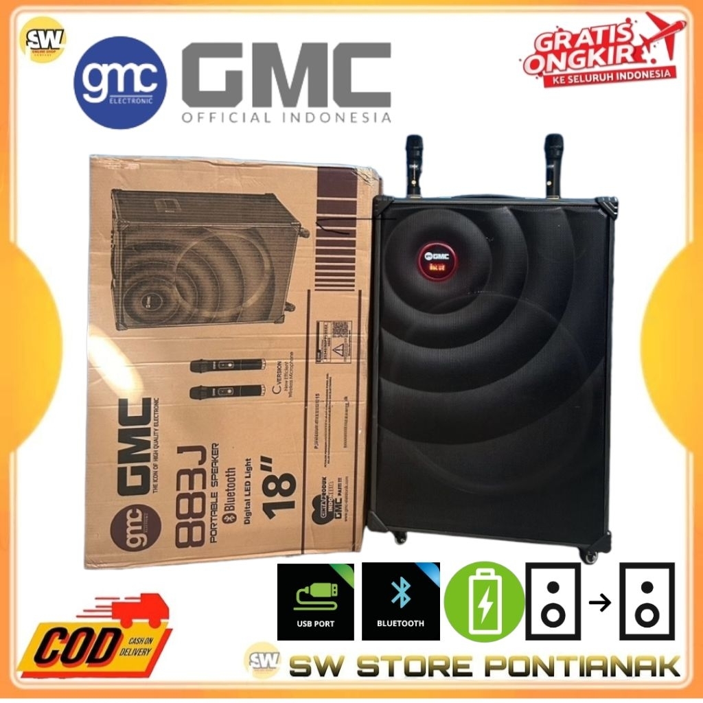 SPEAKER GMC 883 J 18 INCH FREE 2 MIC WIRELESS / SPEAKER PORTABLE BLUETOOTH 18INCH 2MIC  GMC 88J