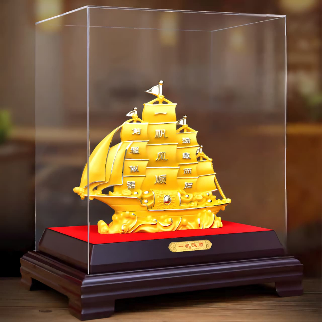 Patung Kapal Layar Pinisi Box Kaca Akrilik Kado Souvenir Imlek Murah Patung Emas Golden Dekorasi Paj
