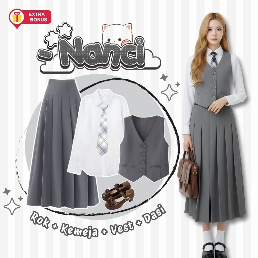 One Set 4in1 vest rompi kemeja basic rok panjang rempel dasi | outfit cewek modern hijab stylish kek