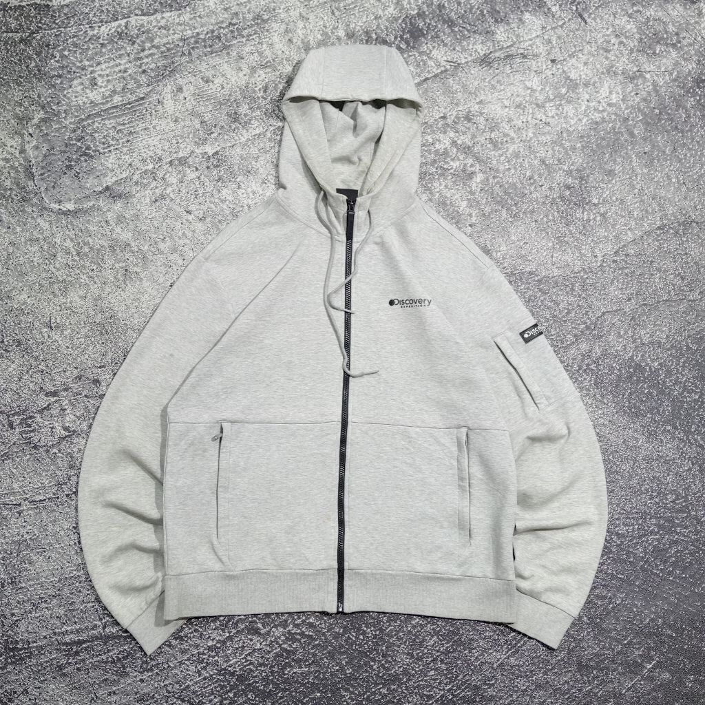 jaket Hoodie Zipper DISCOVERY abu abu saku samping jaket casual murah size xl