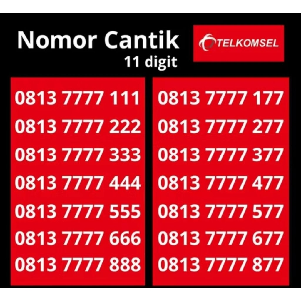 Nomor Cantik Telkomsell 11 digit Seri 7777 - Simpati 11 digit.