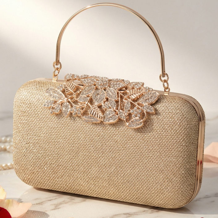 Tas Pesta Kristal Bunga Mewah Elegan Warna Gold Hitam untuk Kondangan dan Wisuda