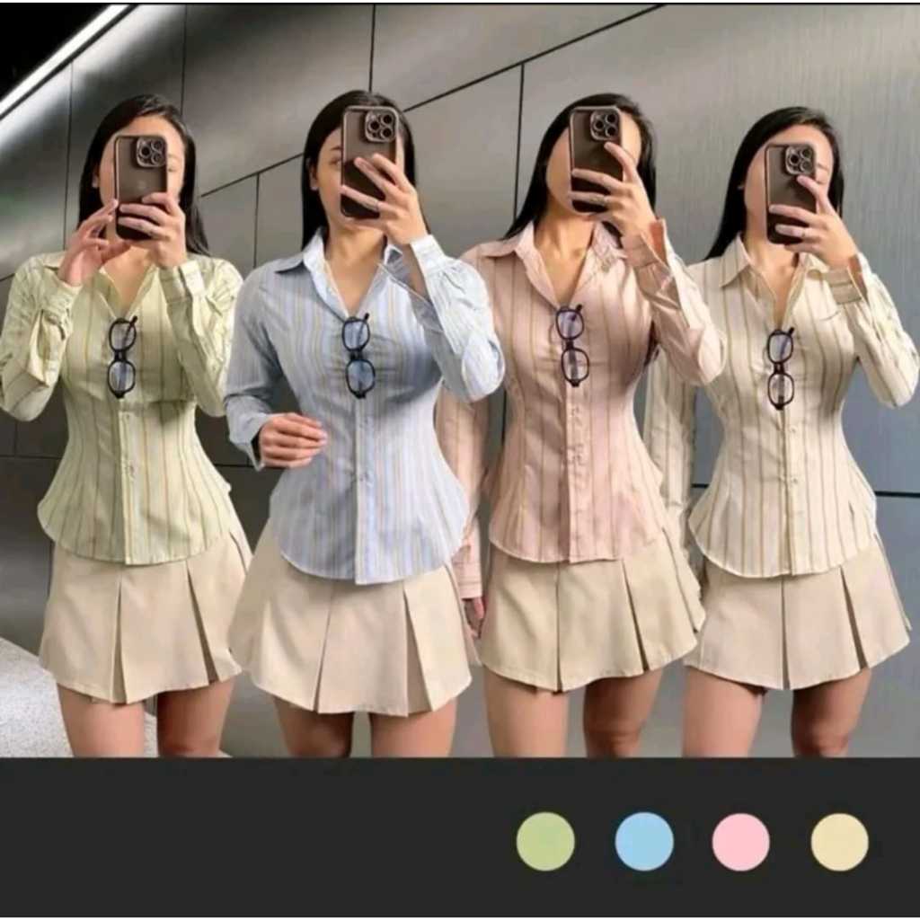Money Fitted Shirt Kemeja Stripe Slimfit Wanita Katun
