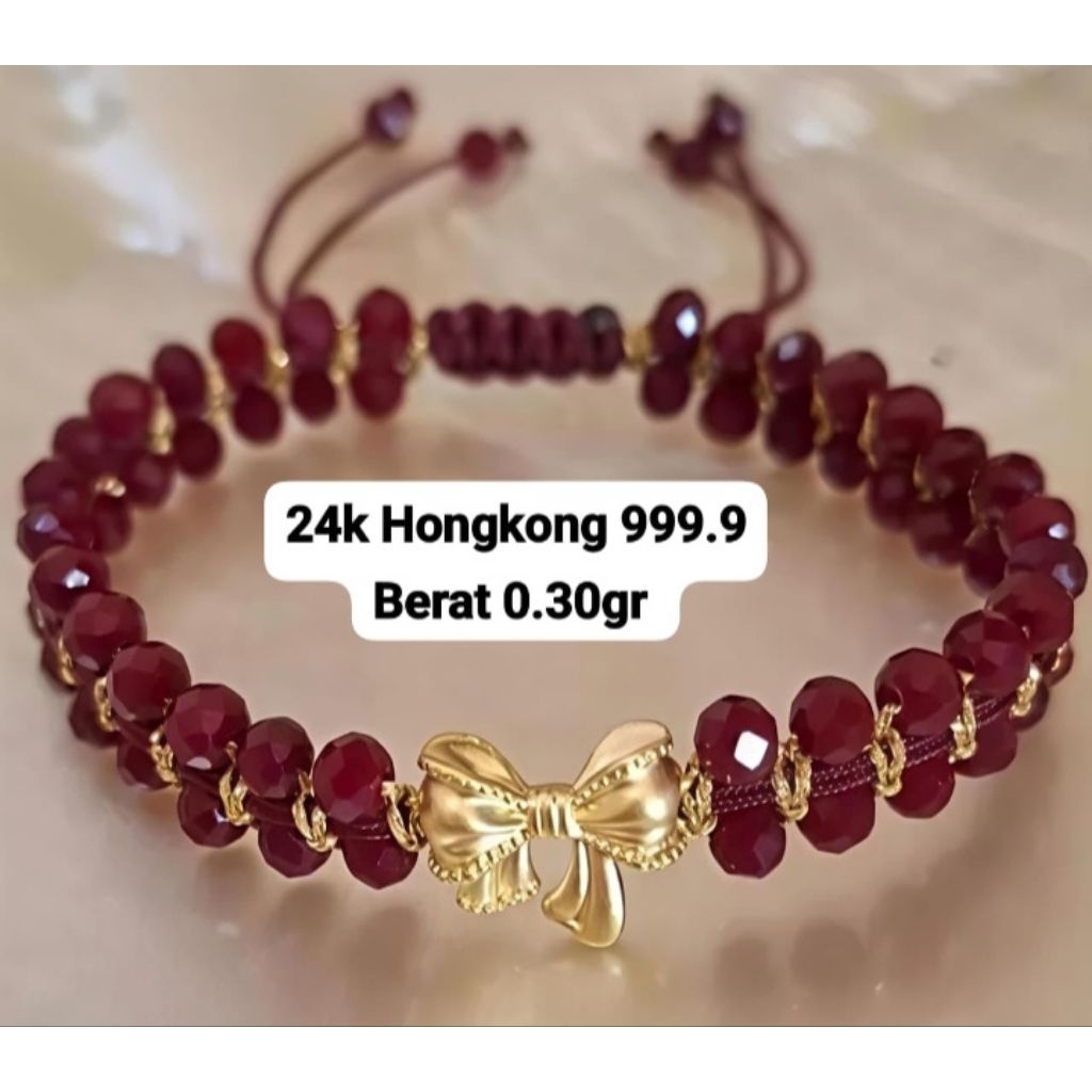 Gelang Emas Asli Charm Pita 24K Hongkong 999.9 Batu Premium Mustika