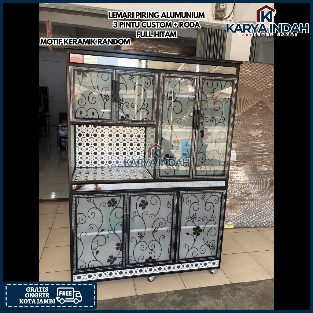 Lemari Rak Piring Dapur ALUMUNIUM 3 Pintu JUMBO FULL HITAM OPS CUSTOM STICKER Kaca Roda Alumunium