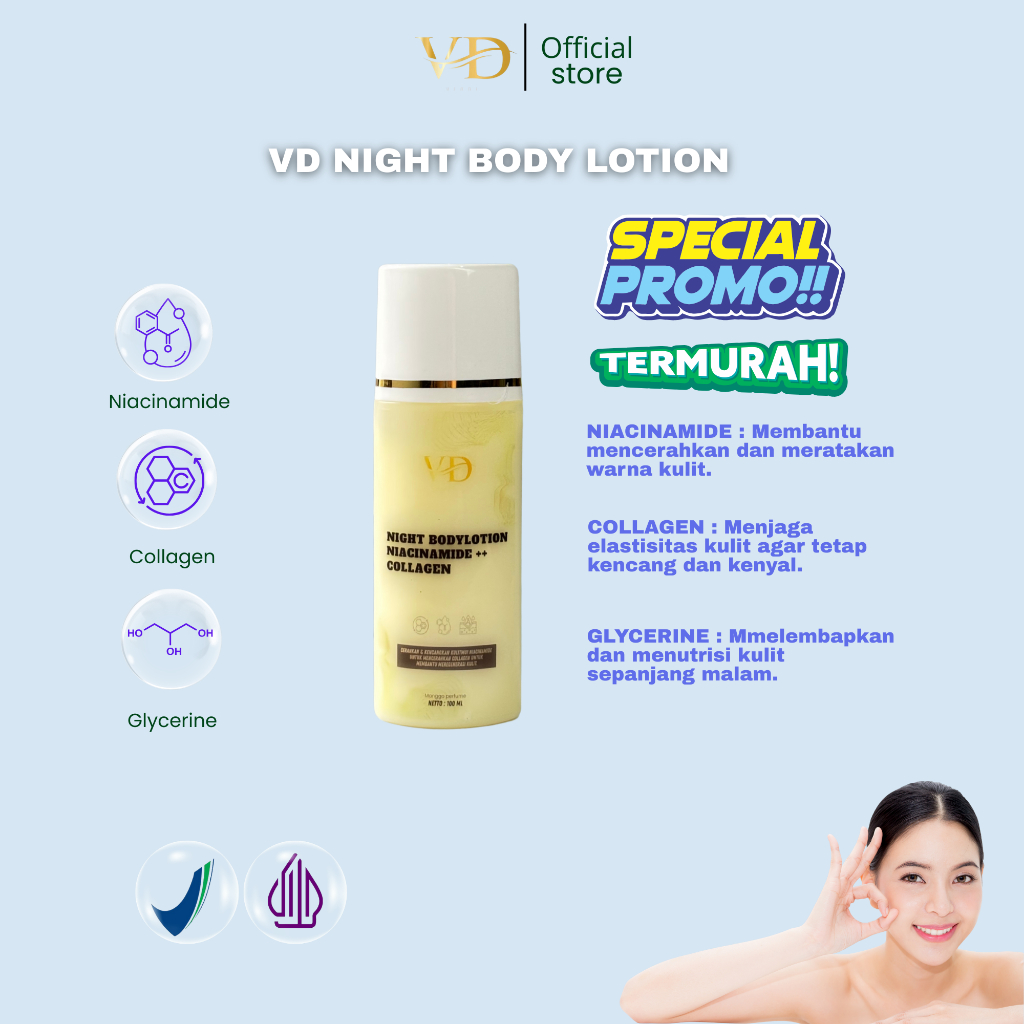 HB Night Whitening Body Lotion – Handbody Pemutih Badan Malam BPOM & Halal - Niacinamide - Collagen