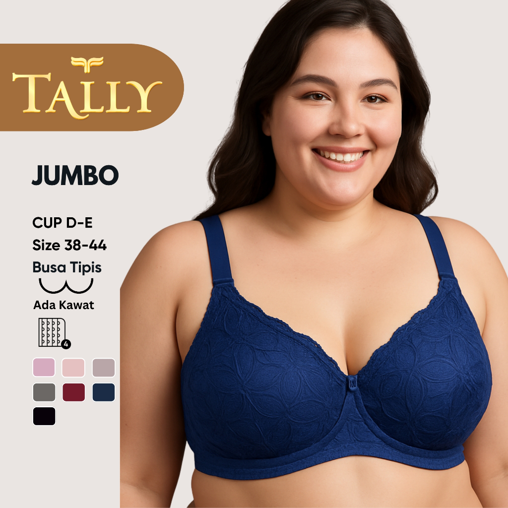 TALLY Bra Ada Kawat Busa Tipis Bahan Brokat Cup D - E Kait 4 Bra JUMBO Breathable BH 3299 Sarwendah
