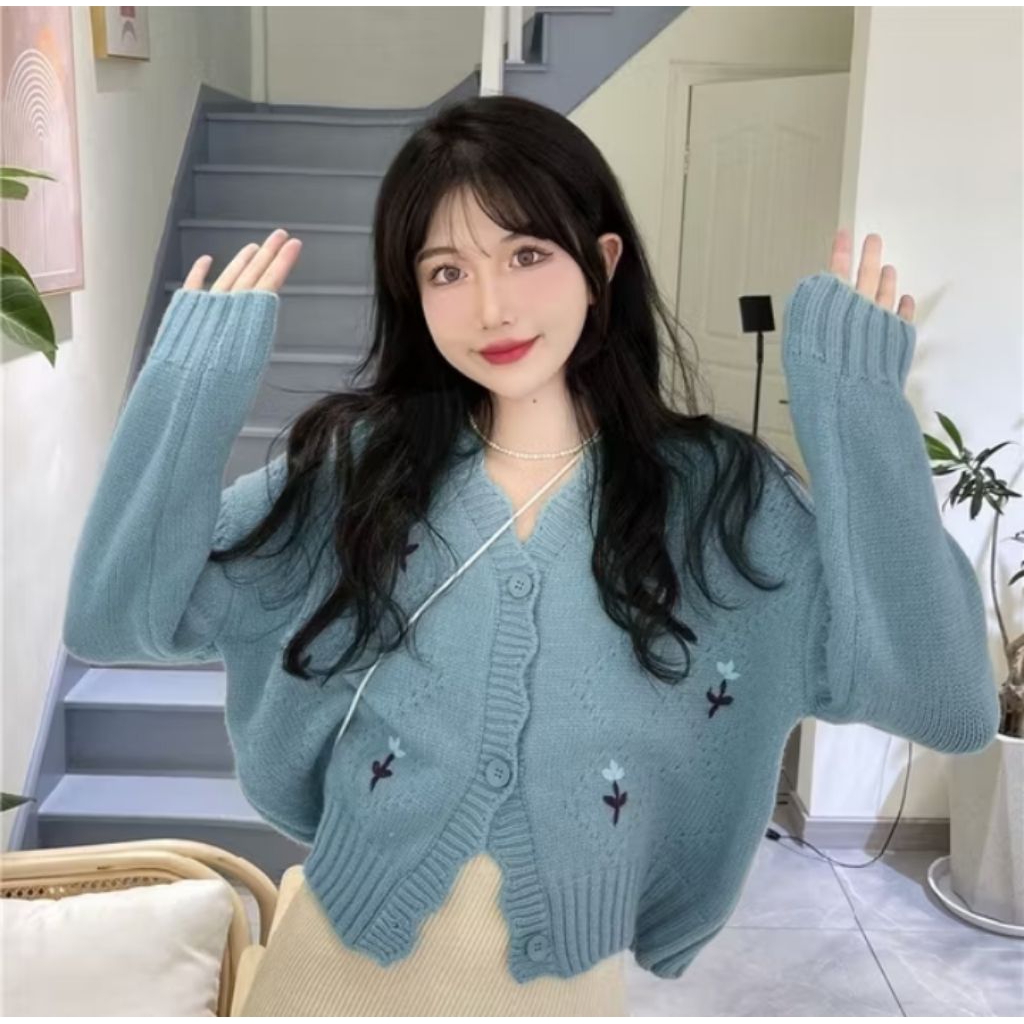 DJ. Cardigan Rajut Wanita Korea Motif Bunga Soft Knit