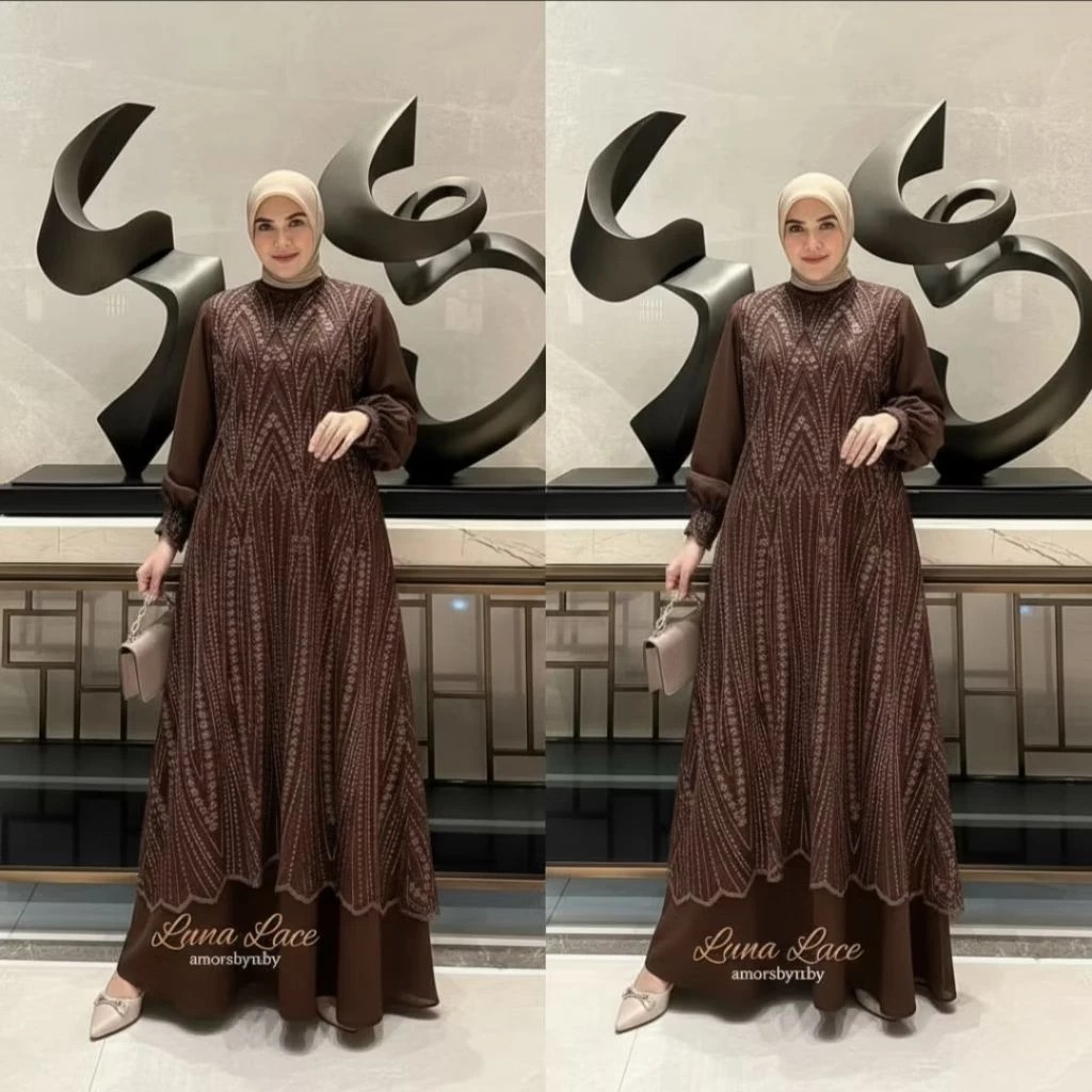 Luna Lace Gamis Brokat Kondangan Terbaru 2025 Bahan Ceruty Babydoll Mix Brukat Warna Mahogany Viral 
