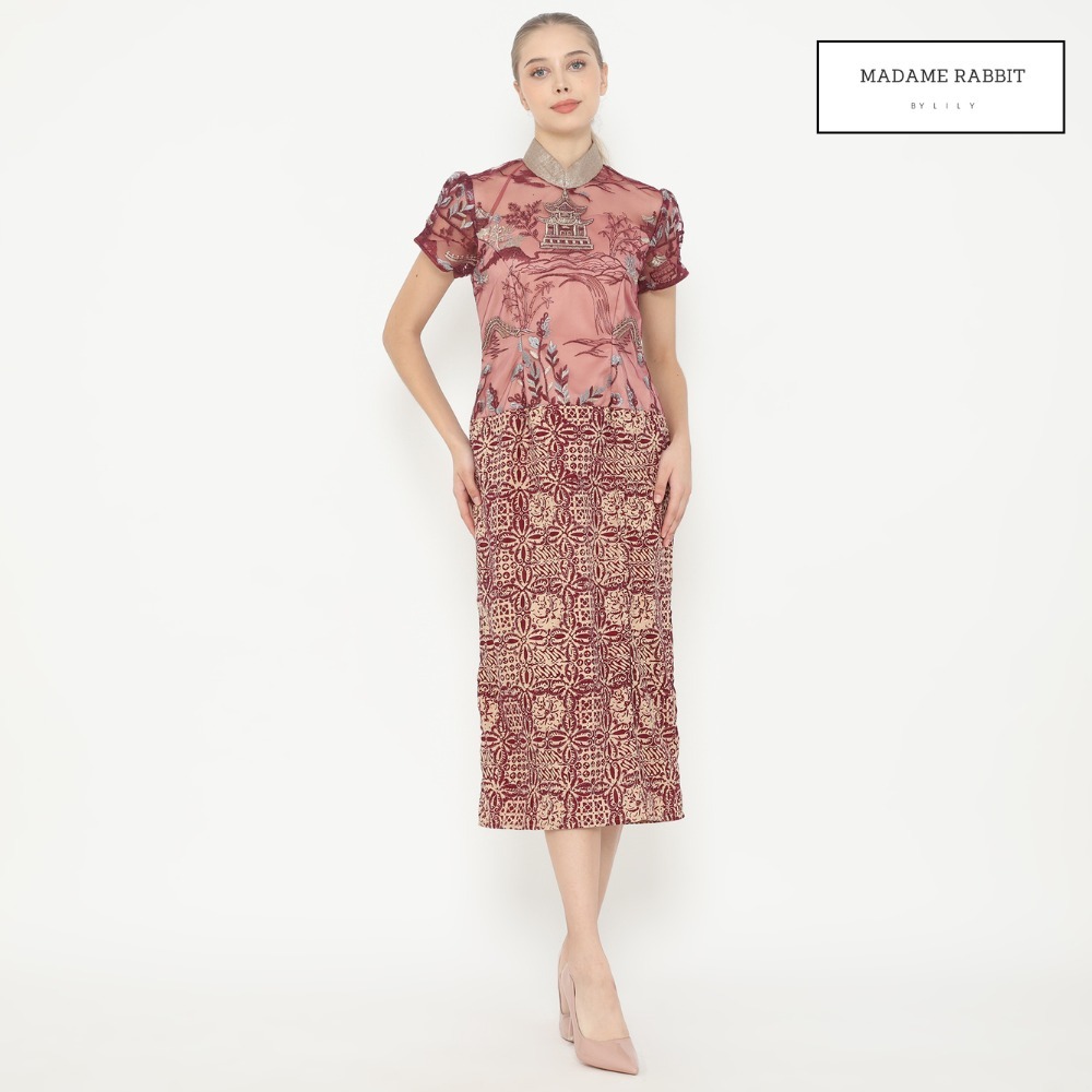 Dress Cheongsam Burgundy Madame Rabbit Baju Pesta Batik Elegant