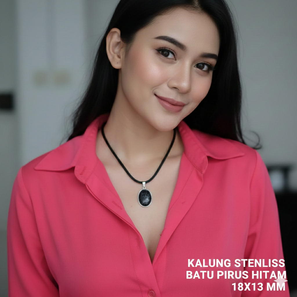 KALUNG STENLISS BATU PIRUS HITAM 18 MM TALI HITAM