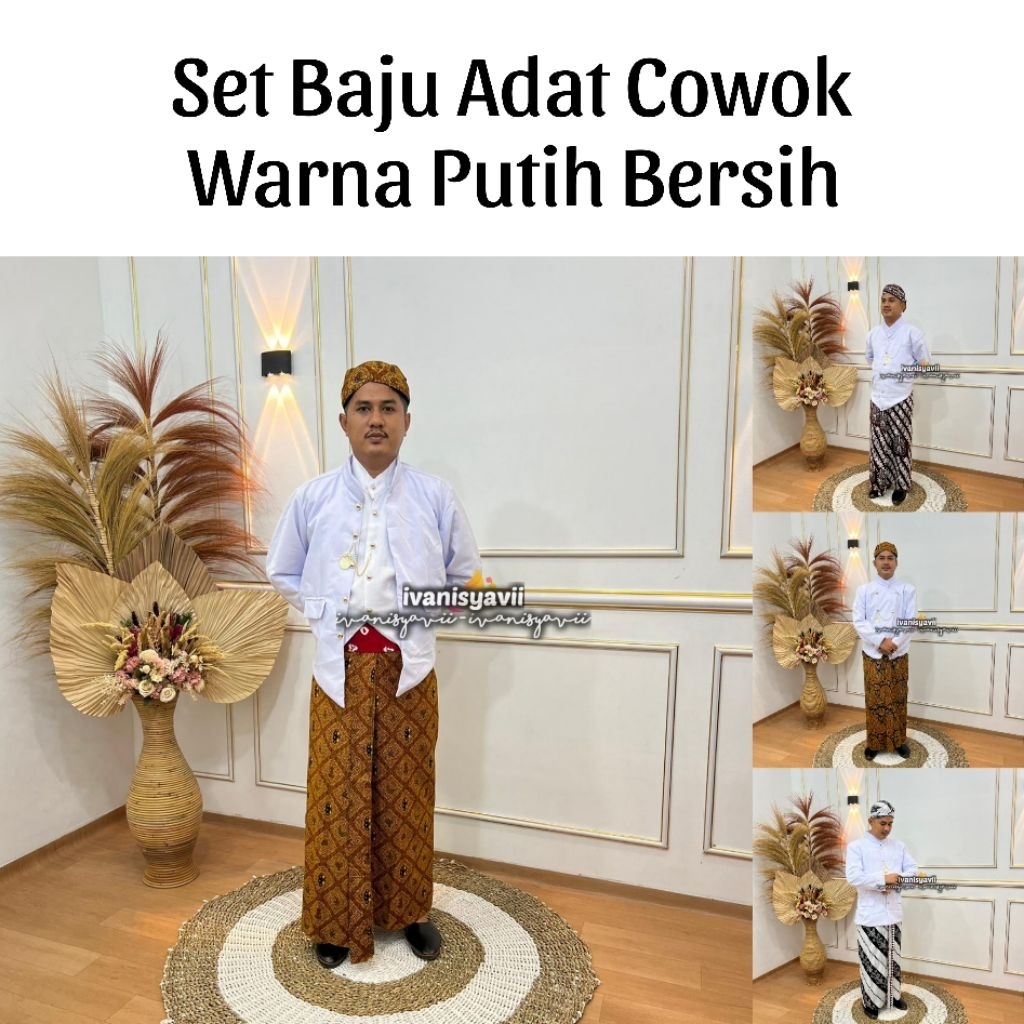 (1set Cowok) Baju Adat Jawa / Beskap +Jarik +Blangkon +Benggol | Nuansa Putih Bersih