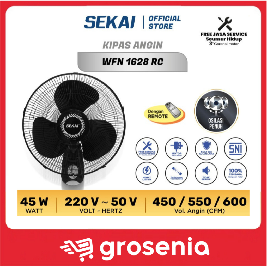 SEKAI Kipas Angin Dinding Wall Fan Tornado 16 inch WFN 1628 Taifun / WFN 1628 RC Remote