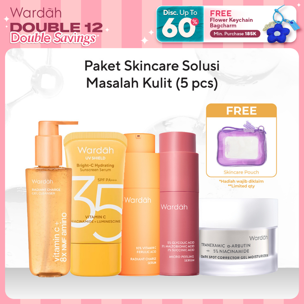 Wardah Paket 5 pcs Skincare Solusi Masalah Kulit - Facial Wash, Moisturizer, Serum, Sunscreen, & Ton