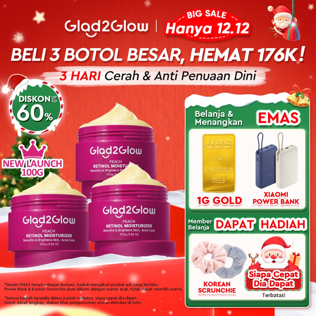 [12.12 Belanja 200rb, Disc. 20%]Glad2Glow Peach Retinol Moisturizer 100g Pelembab Anti Penuaan Pengh