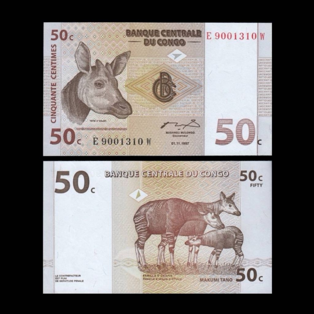 UANG DEMOCRATIC CONGO 50 CENTIME 1997 UNC ORIGINAL OKAPI AFRICA