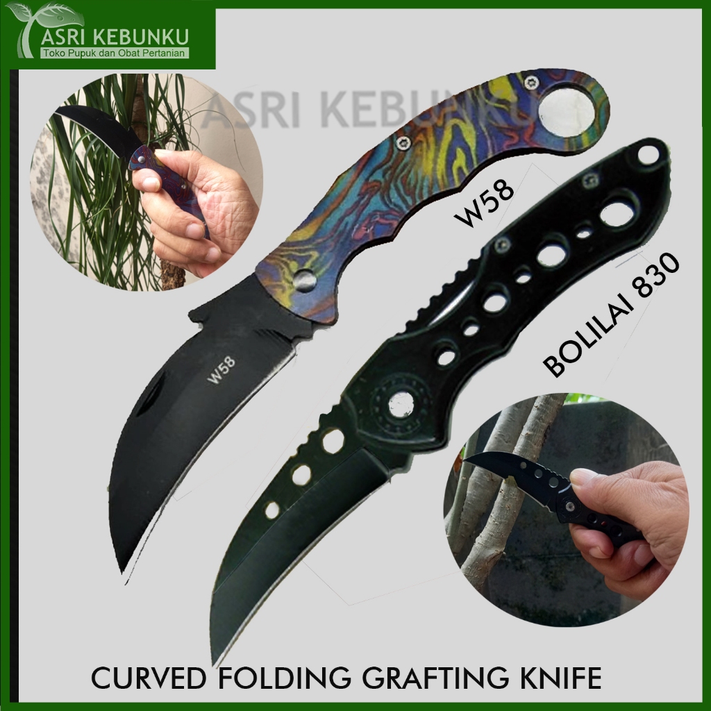 Curved Folding Grafting Knife, Pisau Sambung Pucuk  Okulasi Cangkok Bonsai, Tajam, Stainless Steel