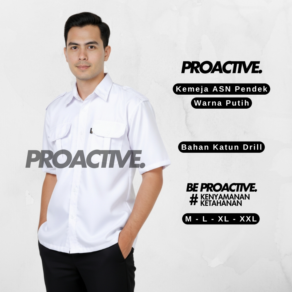 KEMEJA PUTIH ASN PDH PNS LAPANGAN PRIA LENGAN PENDEK BAHAN KATUN DRILL - PROACTIVE