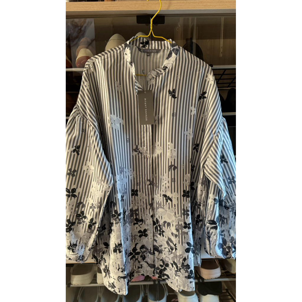 amona pleated shirt kemeja benang jarum garis" oversize