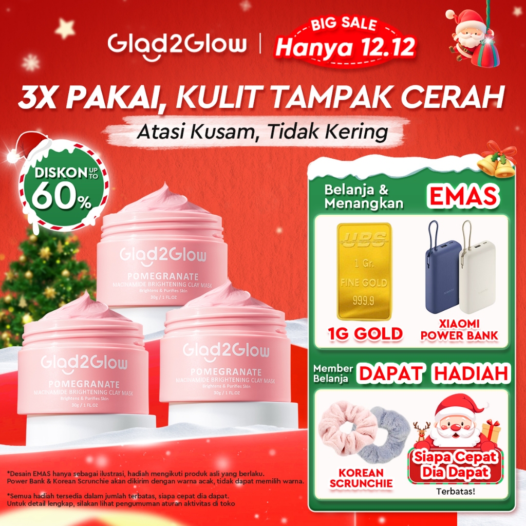 Glad2Glow Pomegranate Niacinamide Brightening Clay Mask Masker Wajah Masker Pencerah Mud Mask Masker