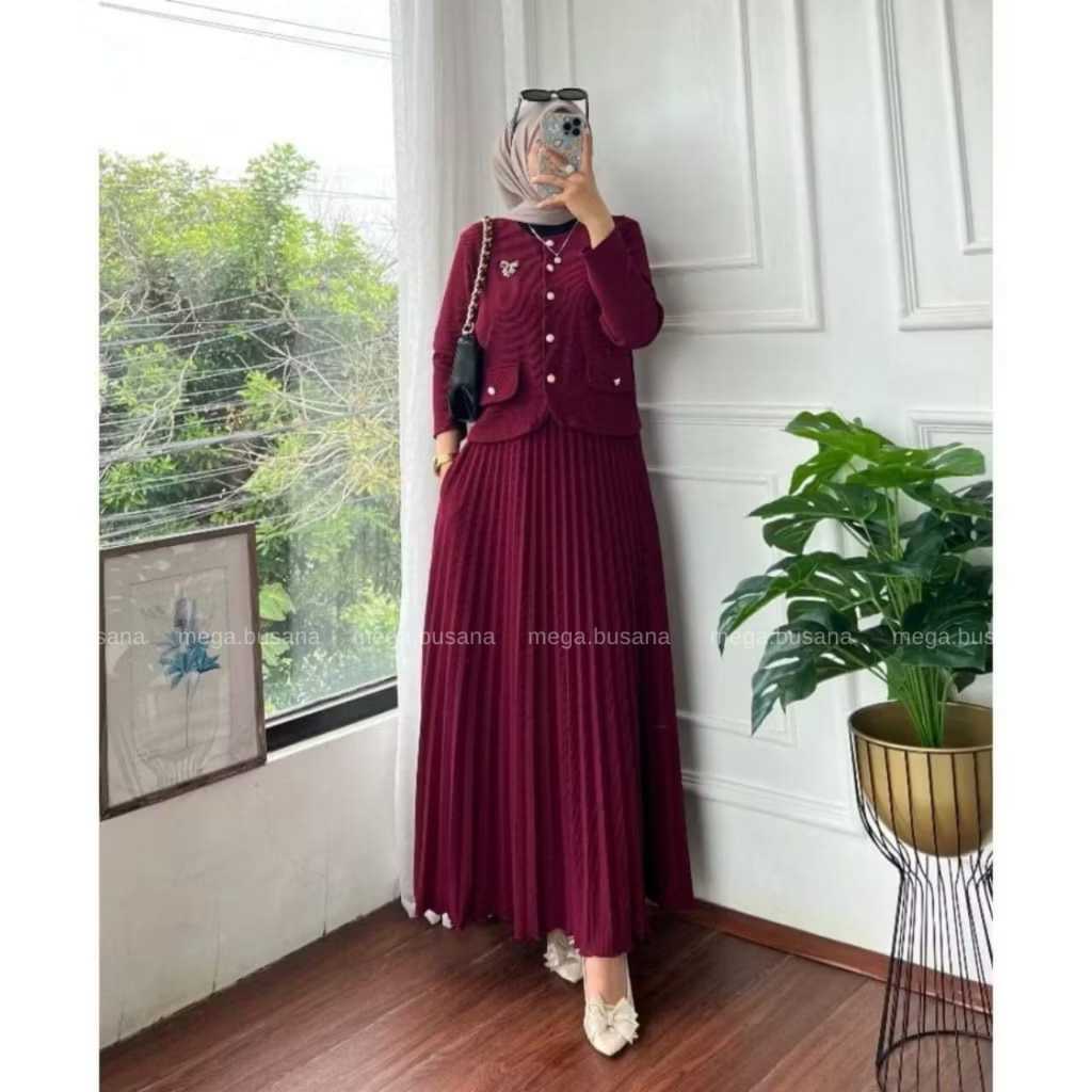 Katia Set Rok Plisket Atasan Lengan Panjang Kaos Knit Premium Melar Halus Ld 110-120cm Kancing Full 