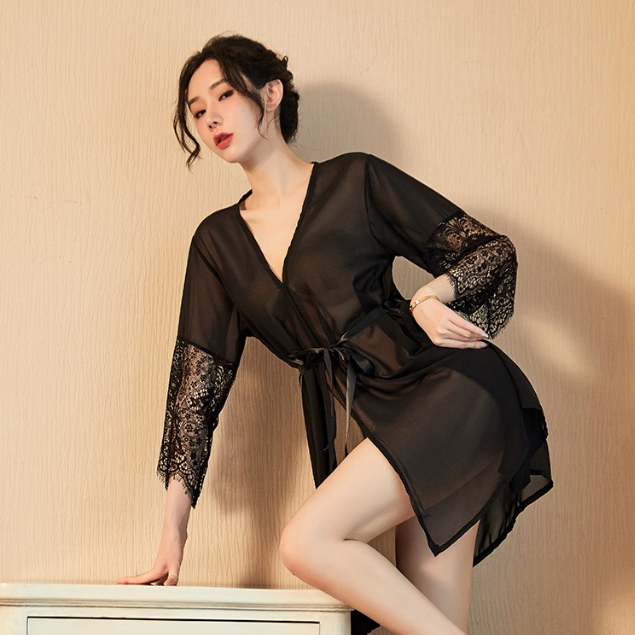 Baju Tidur Sexy  Kimono Tidur Lengan Panjang Renda Tali Sexy Kemeja Tidur Wanita Nyaman Halus / Kimo