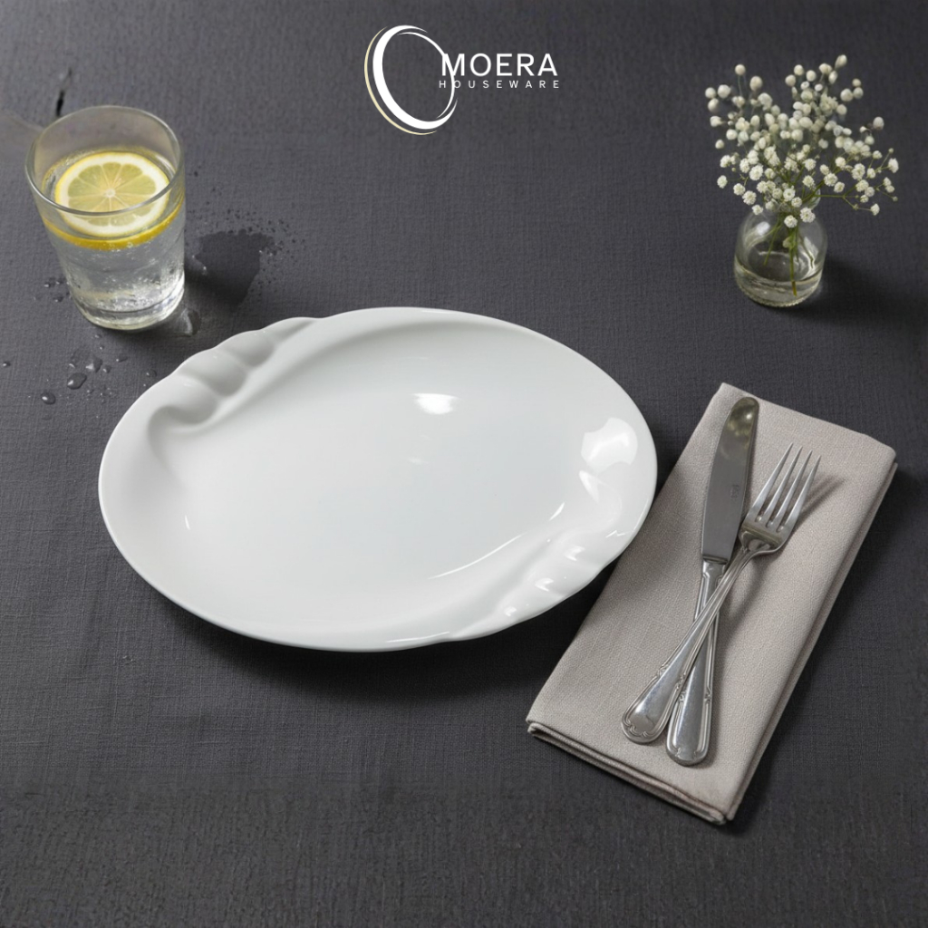 MOERA Piring Saji Oval Kerang Keramik Premium Putih Emboss / Piring Saji Warna Oval Hotelware Serbag