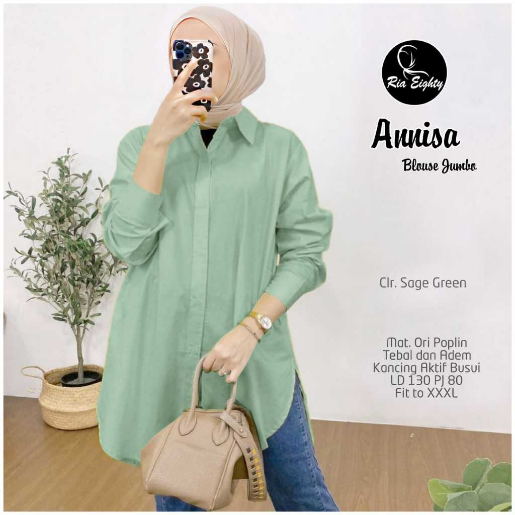Annisa Sage Green Kemeja JUMBO Ld 120 fit XXXL blouse polos / riaeighty