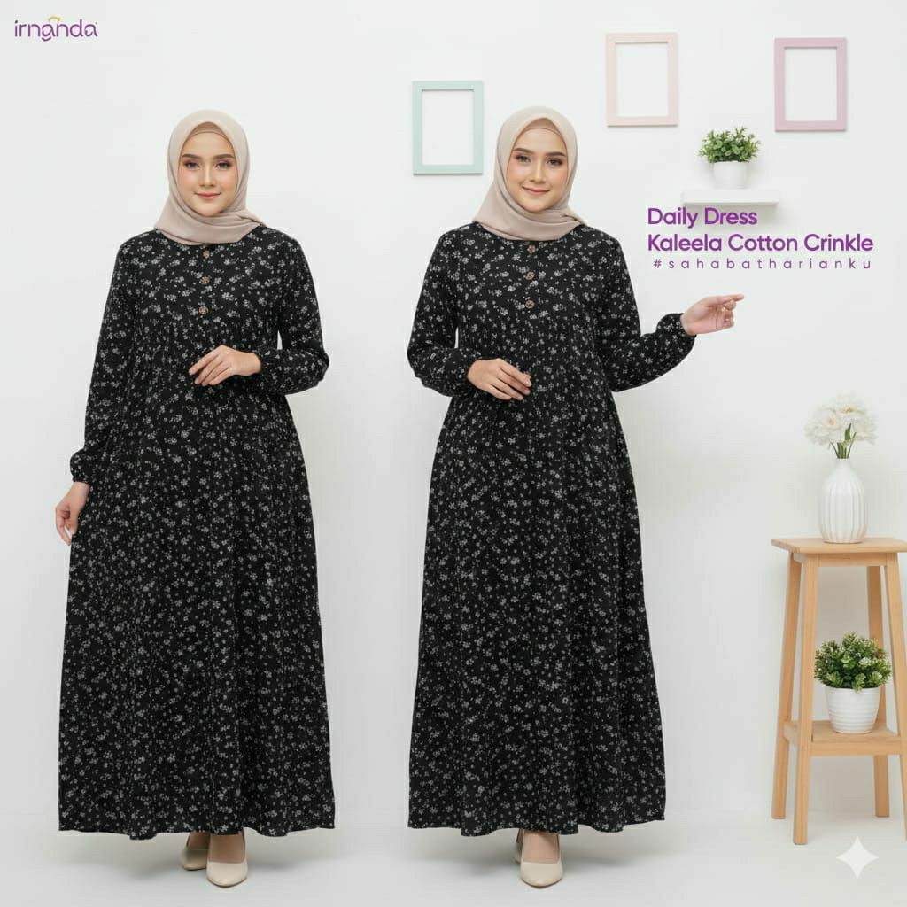 GAMIS KALEELA  (DRESS KATUN  SYARI) BY IRNANDA // GAMIS CRINKLE MOTIF BUNGA // GAMIS CRINKLE BASIC P