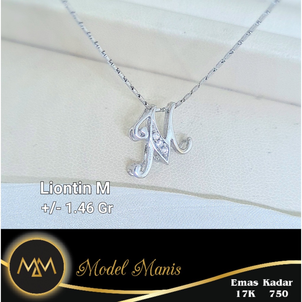 Model Manis Gold - Liontin Alphabet Huruf "M" Latin Putih - Emas 17k  750