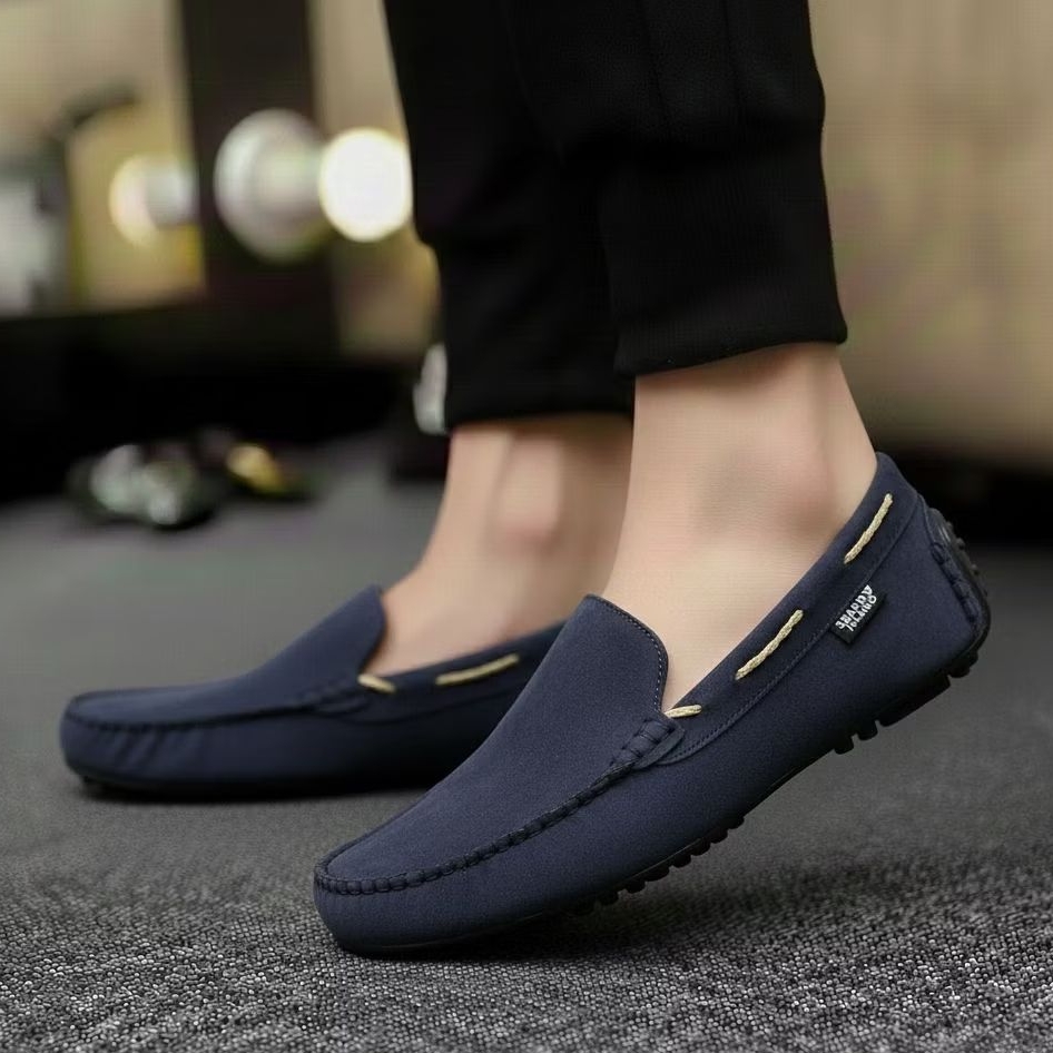 NYKRMN - Sepatu Slip On Kulit Suede Biru Navy Selop Casual Kerja Pria