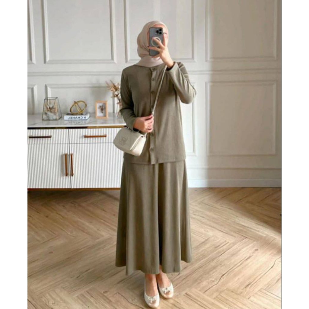 Setelan Rajut Kardigan Rok Panjang Wanita Knit Set Casual OOTD Hijab Nude Dusty Pink Korea Style