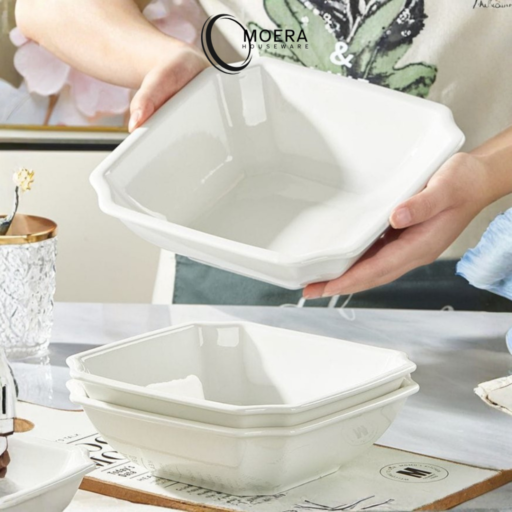 MOERA Mangkok Saji Segi Keramik Premium Putih Polos / Mangkok Saji Segi Monyet Hotelware Resto Serba