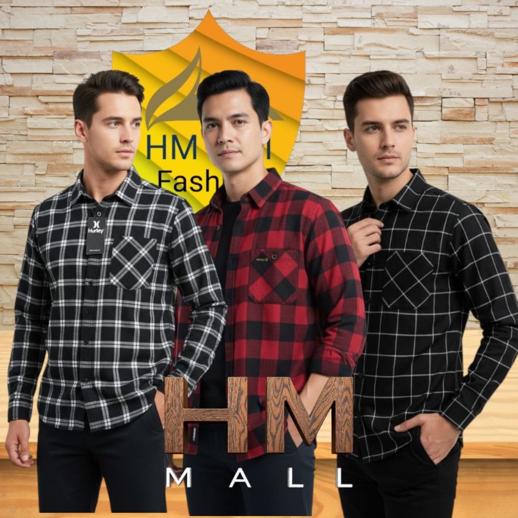 HM Kemeja flanel pria premium lengan panjang motif garis kotak terbaru