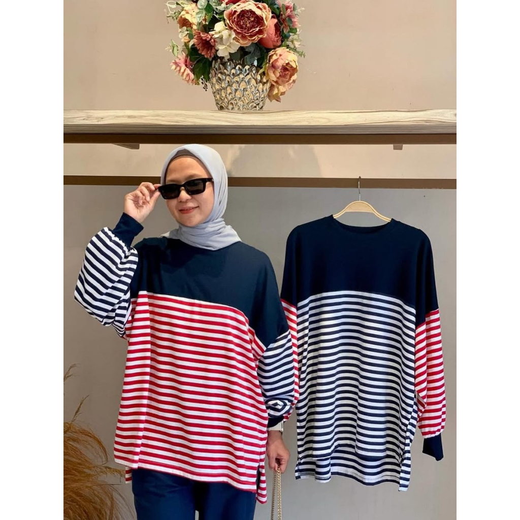PIPOPI ATASAN WANITA COTTON MAMA TOP KAOS GARIS GARIS