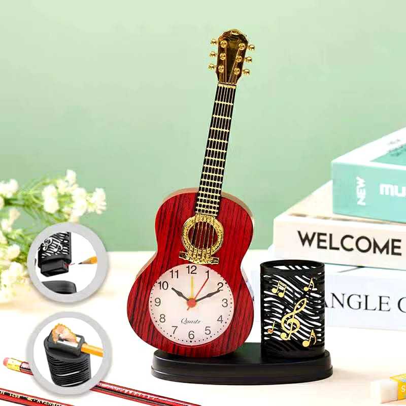 Jam Weker Alarm Gitar Kayu Tempat Pensil / Ada Serutan Pensil / Jam Meja Alarm