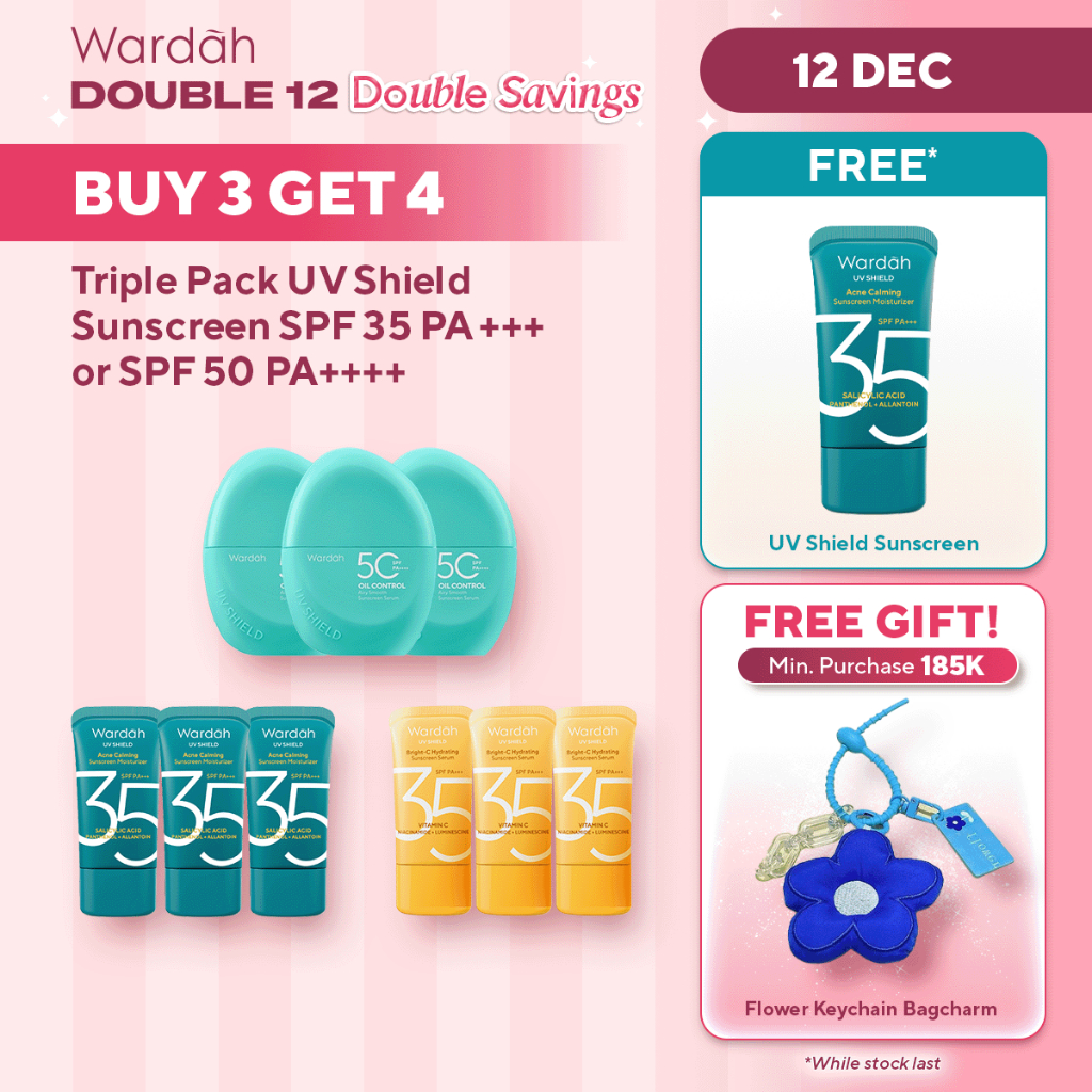 Wardah Sunscreen UV Shield Triple Pack Buy 3 Get 4 SPF 35 PA +++ / SPF 50 PA++++ (Airy Smooth, Essen