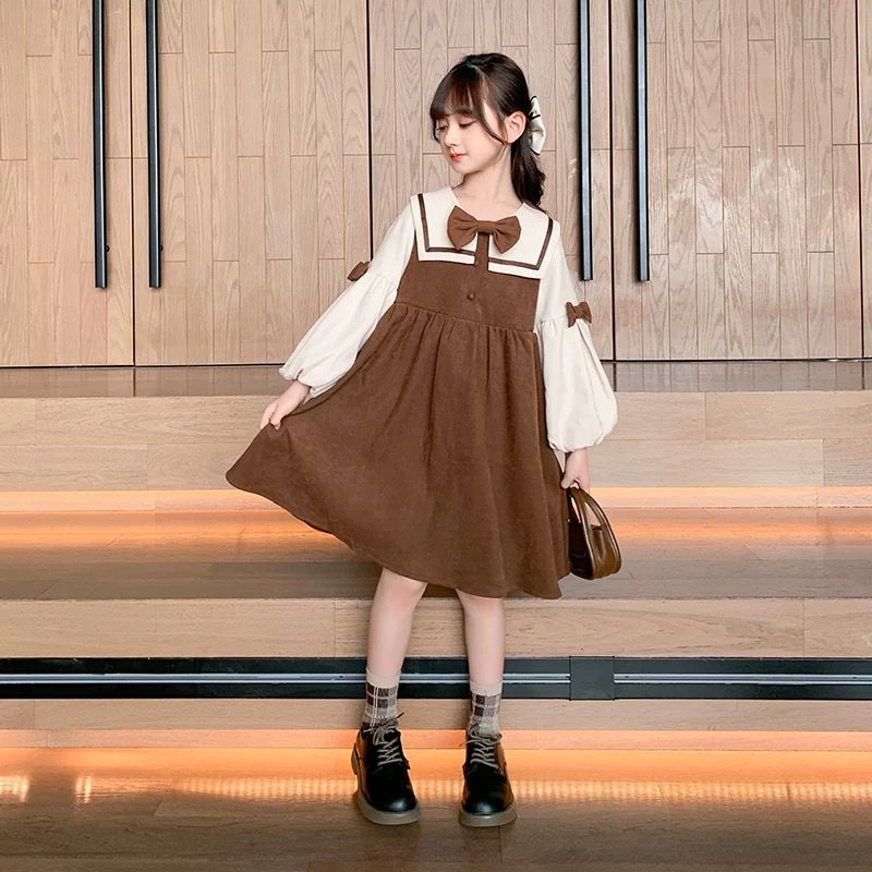 Dress Bludru Anak Perempuan Model Baju Katun Lengan Panjang Balon Variasi Lengan Pita Model Krah Rem