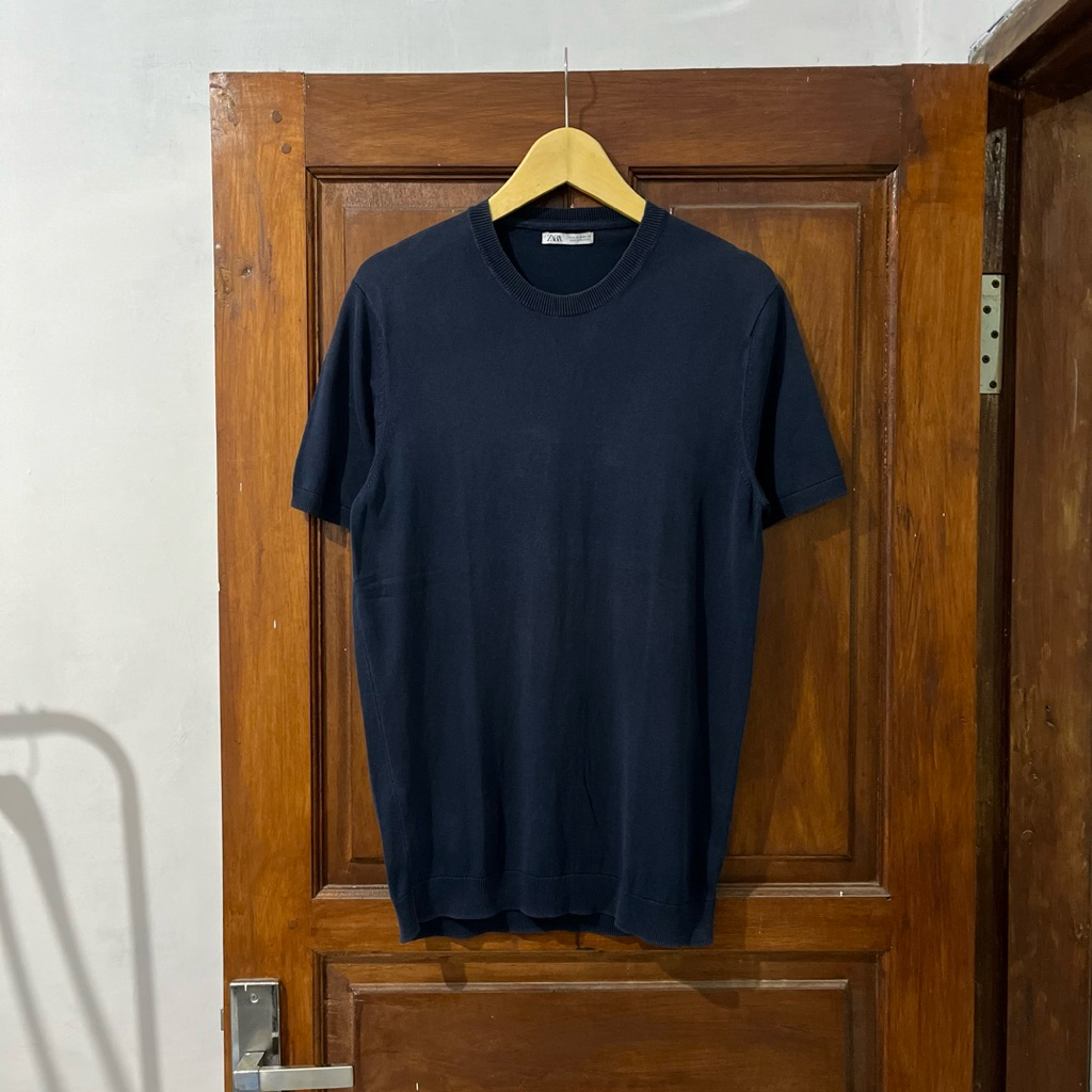 [M-L] Zara Cotton Knitted Short Sleeve I Blue Navy I Vintage Vtg Retro Kemeja Garis-garis Salur Oute