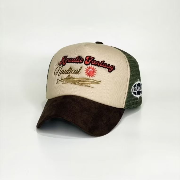 TOPI TRUCKER LIDAH PENDEK BAHAN SUEDE DARK BROWN MIX ARMY AQUATIC FANTASY