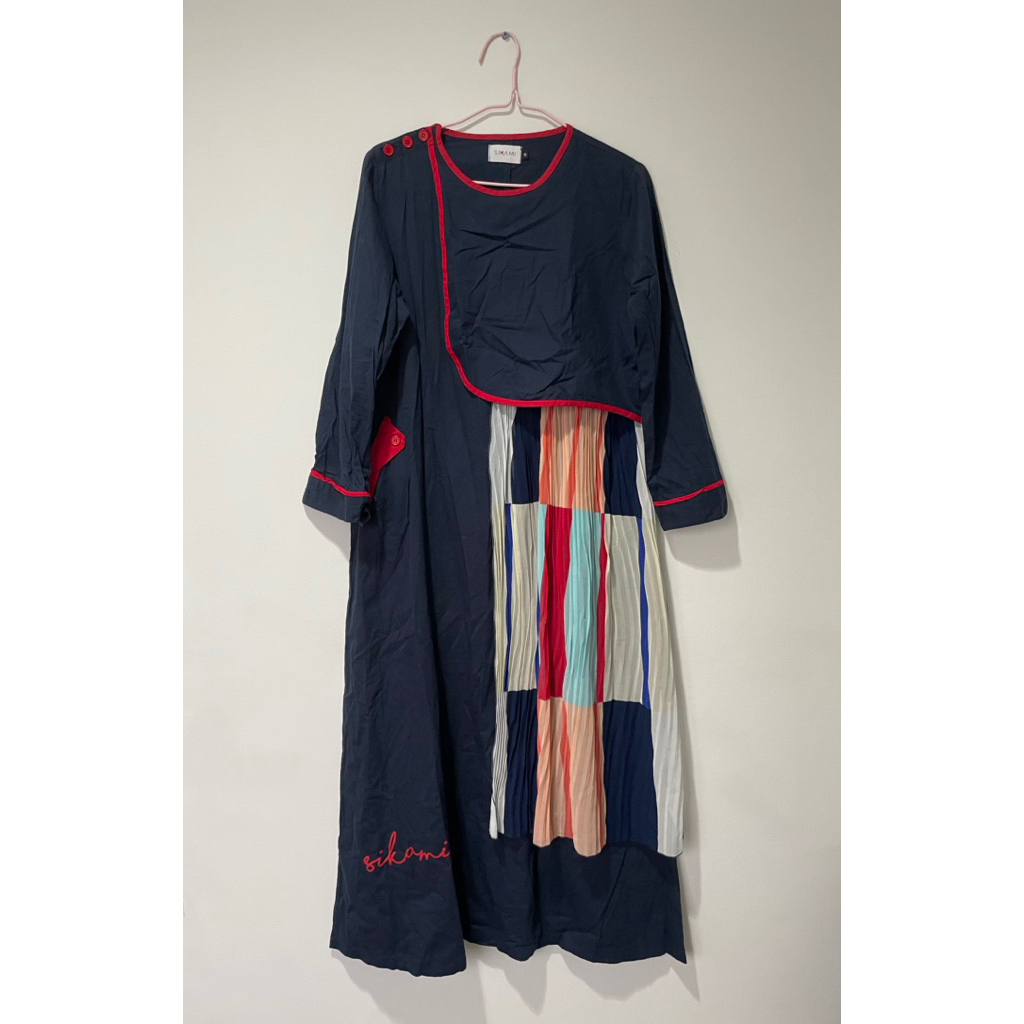 Dress Gamis Longdress Maxi Midi Lengan Panjang Muslim Hijab Dongker Motif Wanita Premium Mewah Jumbo