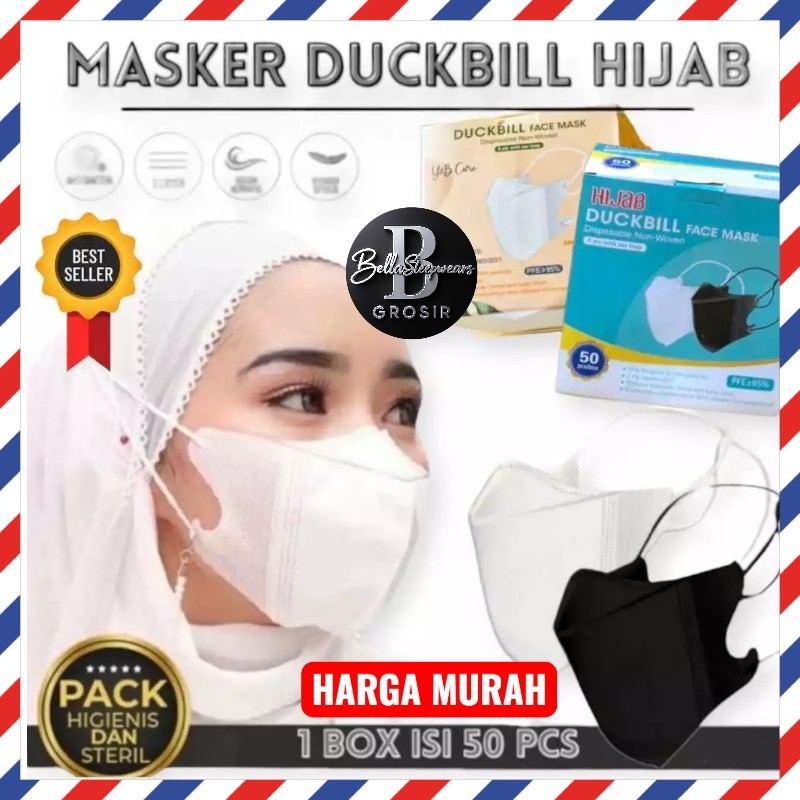 BELLA | MURAH MASKER DUCKBILL FACE MASK / YNB HIJAB HEADLOOP 3PLY GARIS PUTIH & HITAM - FACE MASK