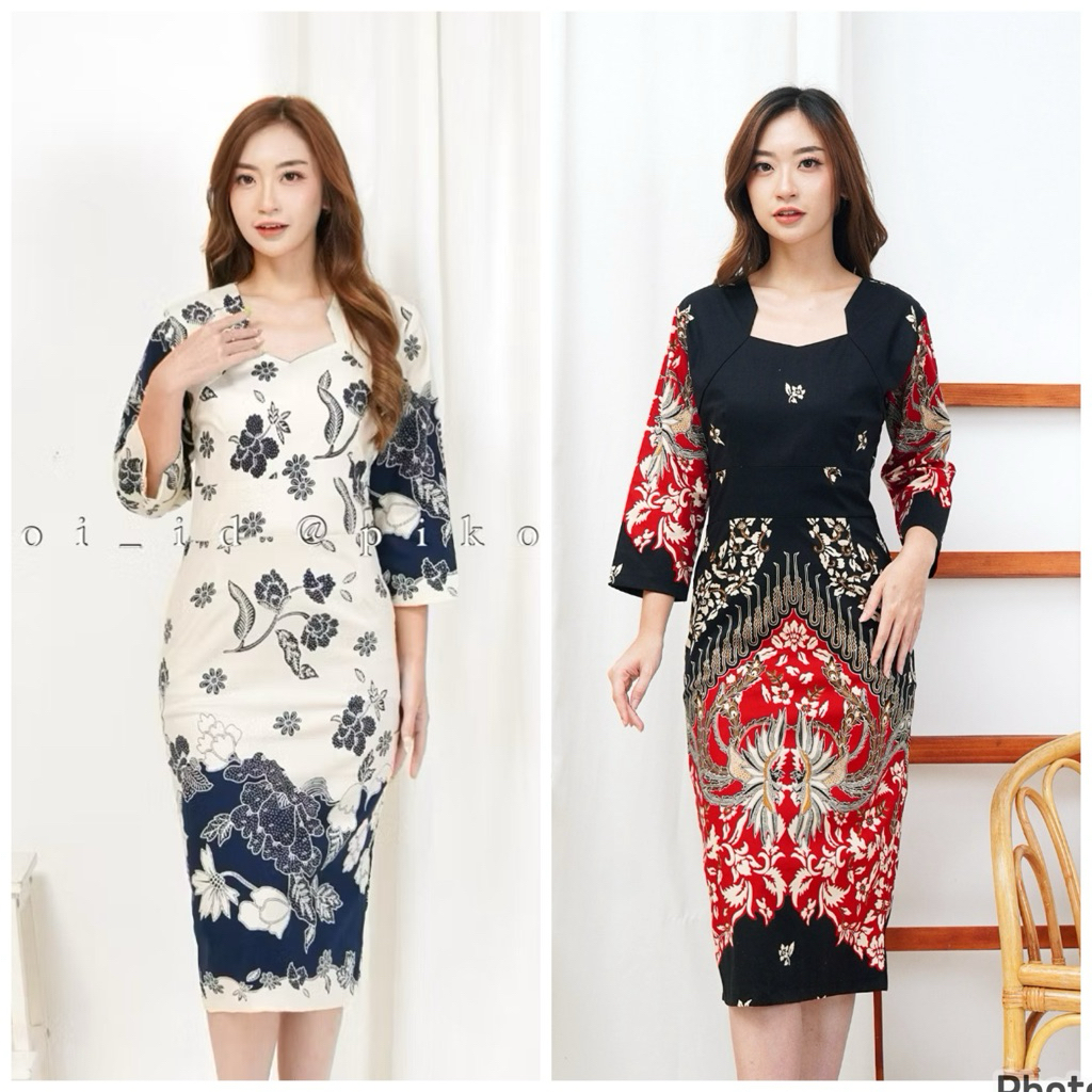 Dress span batik wanita modern / dress lurus bodycon batik / midi dress lengan panjang 3582 322