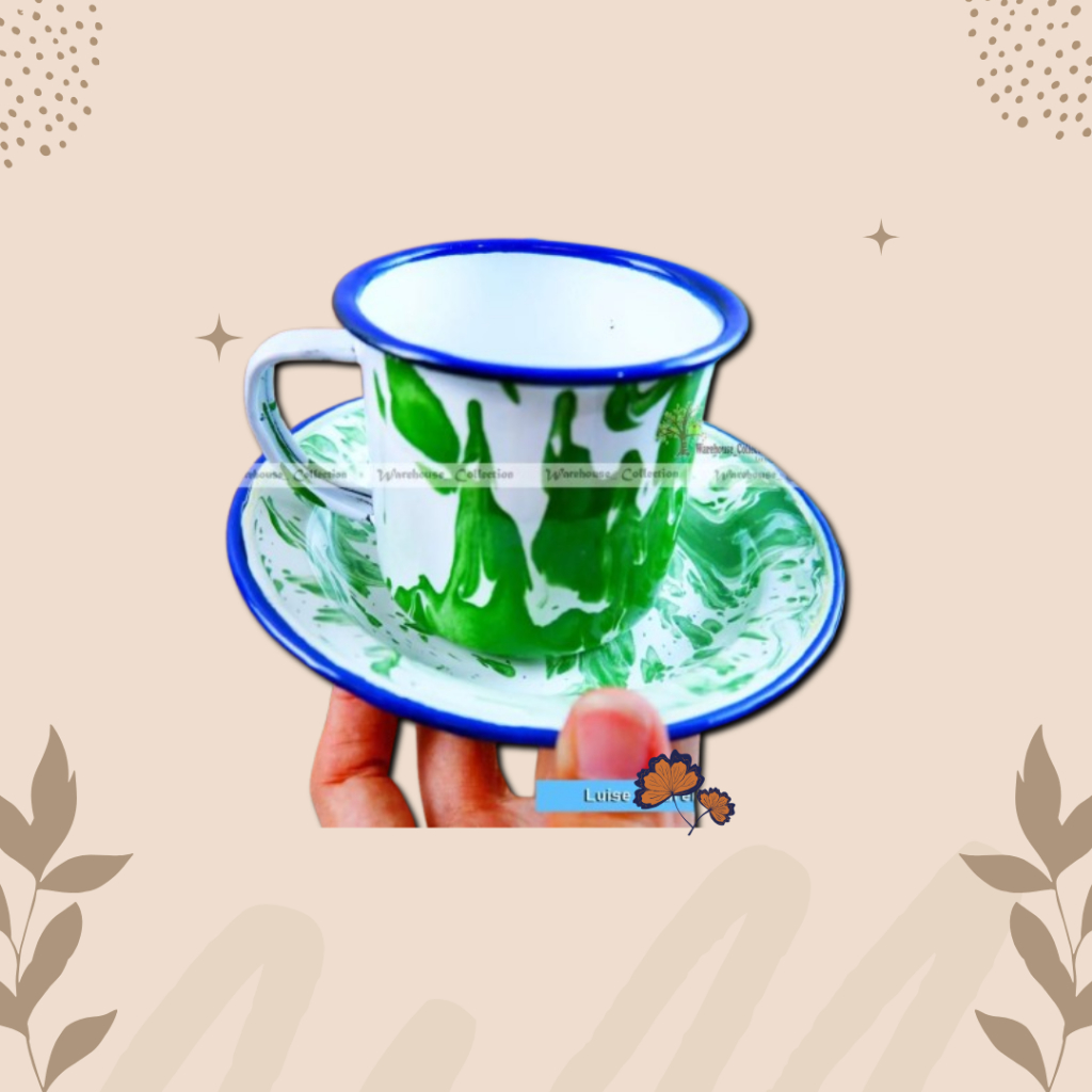 Cangkir + Tutup Enamel Jadul (Seng) BLIRIK Hijau 8 & 10 cm + Tutup / Cangkir Lurik